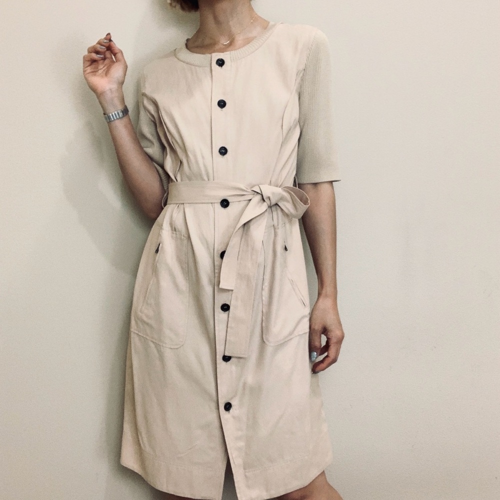 St. John Cream Button-Front Midi Dress with Tie Belt